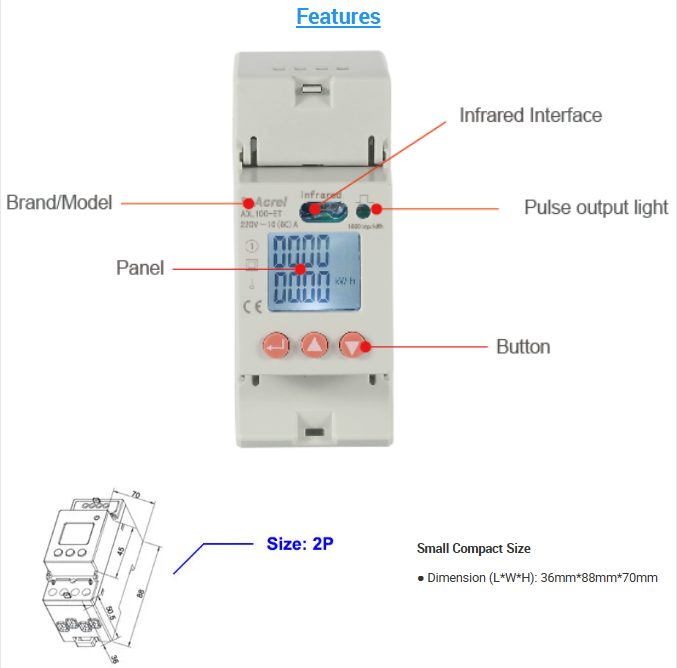 Acrel ADL100-ET/CTC 1 phase 100A CT connection energy meter LCD display digital energy meter