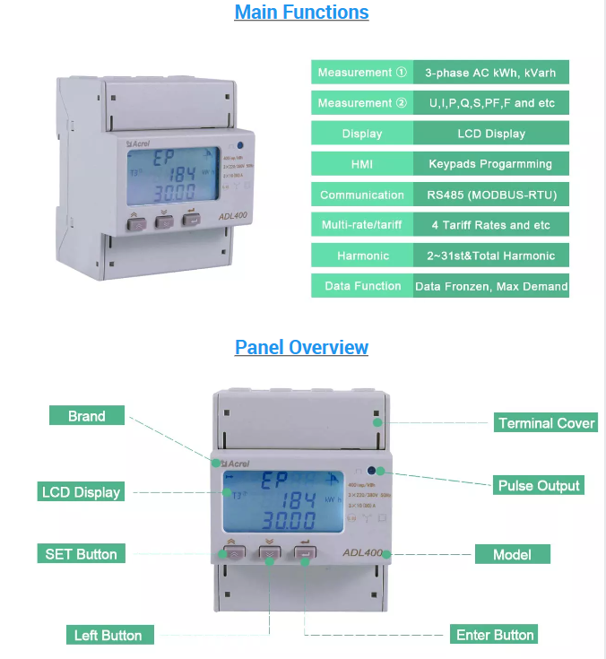 Acrel ADL400-C 3 phase power meter LCD display Modbus energy meter direct connected maximum 80A digital din rail meter