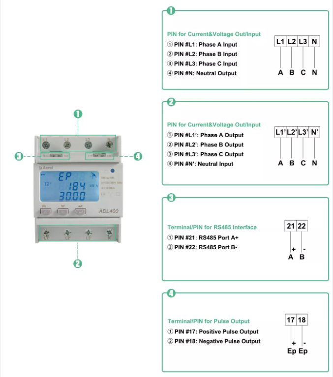 Adl400/F Din Rail Multi Tariff Measuring Smart Power Meter Three Phase Electric Power Meter With 485 Communication