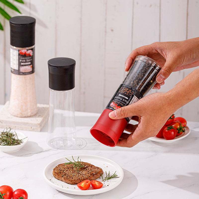 Wholesale 360ml manual adjustable set plastic PET black red cap clear bottle spices grinder shaker salt and pepper mill