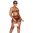 X01367M Hot Girl Street See-through Halter 2 Pieces Suit Sexy Brown Mesh Dresses