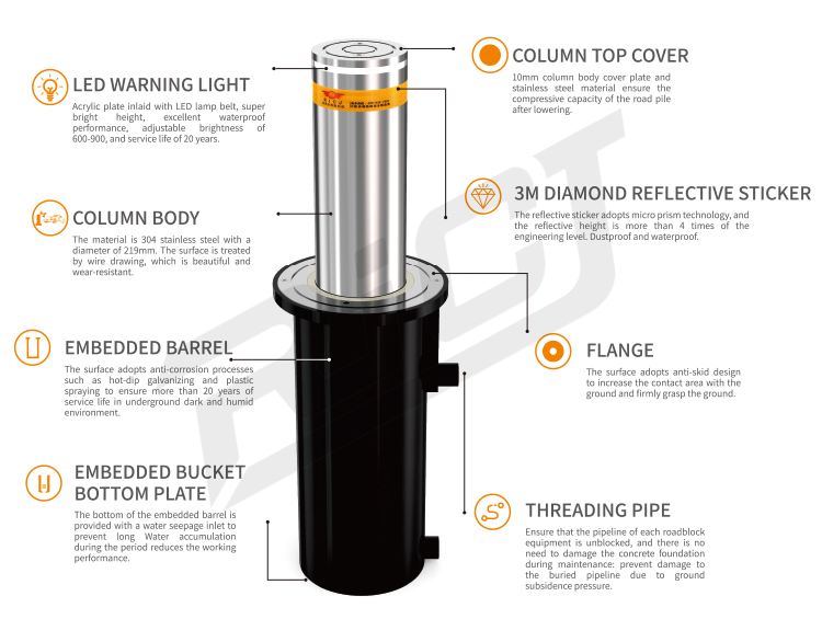 RICJ Semi-automatic Rising Bollard Toolstation LED Light Stainless Steel Safety Pneumatic Hydraulic Traffic Bollards