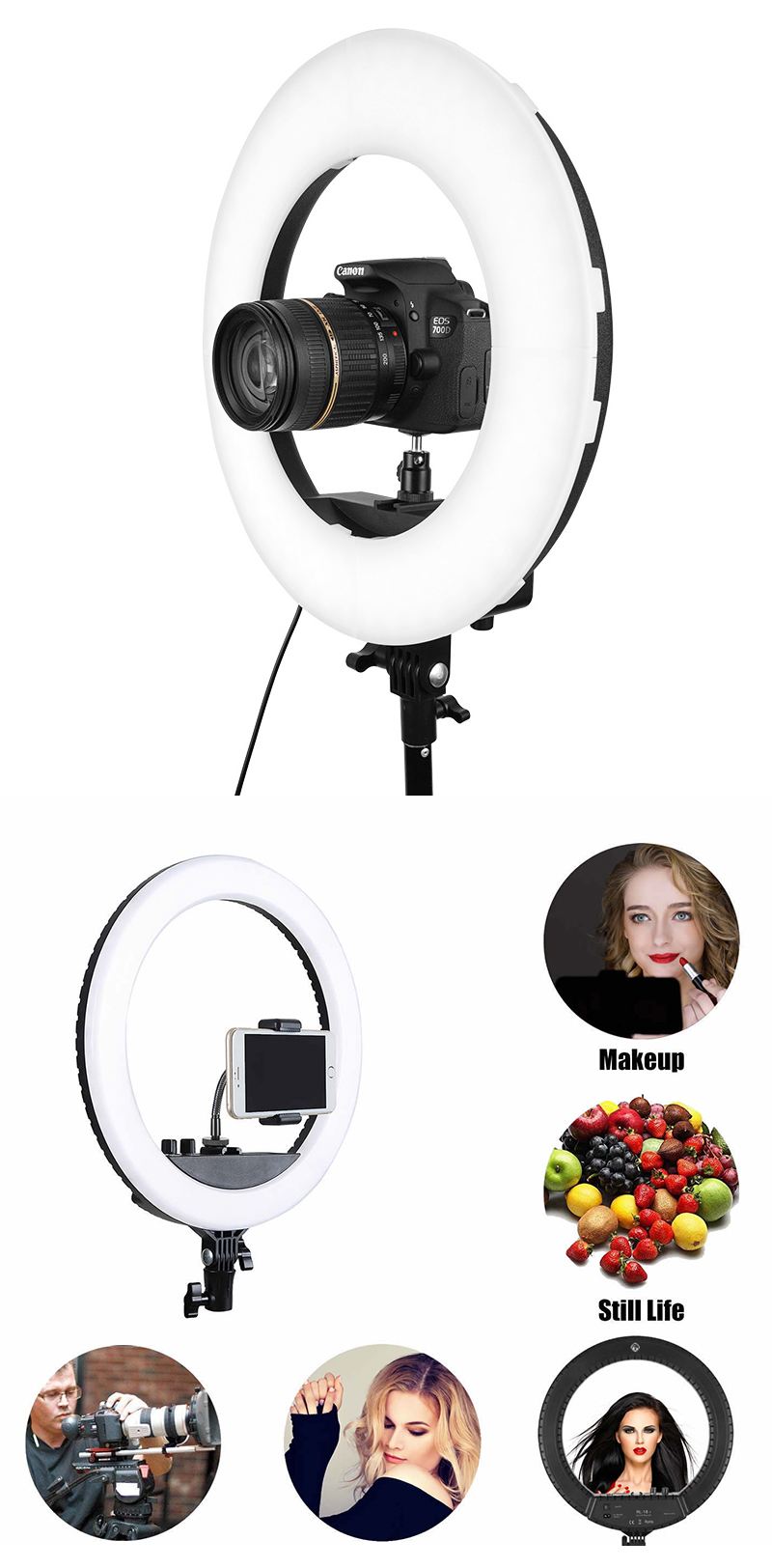 18 inch Portable Clip Phone Circle Ring Fill Light Tripod Stand LED Selfie Ring Light Selfie Ring Phone Photo