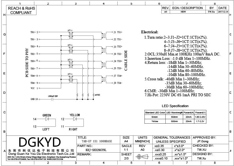KRJ-SH329GYNL Single port 10pin cat7 ethernet rj45 connector