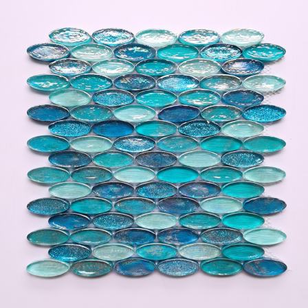 Iridescent Pool Brick Tile Round Blue Glass Mosaic