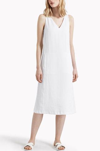 2021 New Arrival Summer V Neck Shift White Linen Dress Women