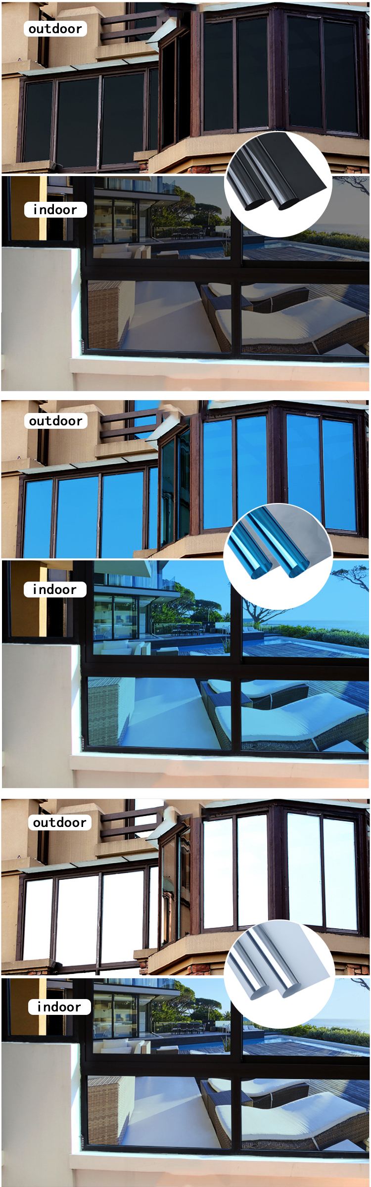 PET HIgh reflection mirror chrome one way vision IR rejection self adhesive building window glass tinted film for architectural