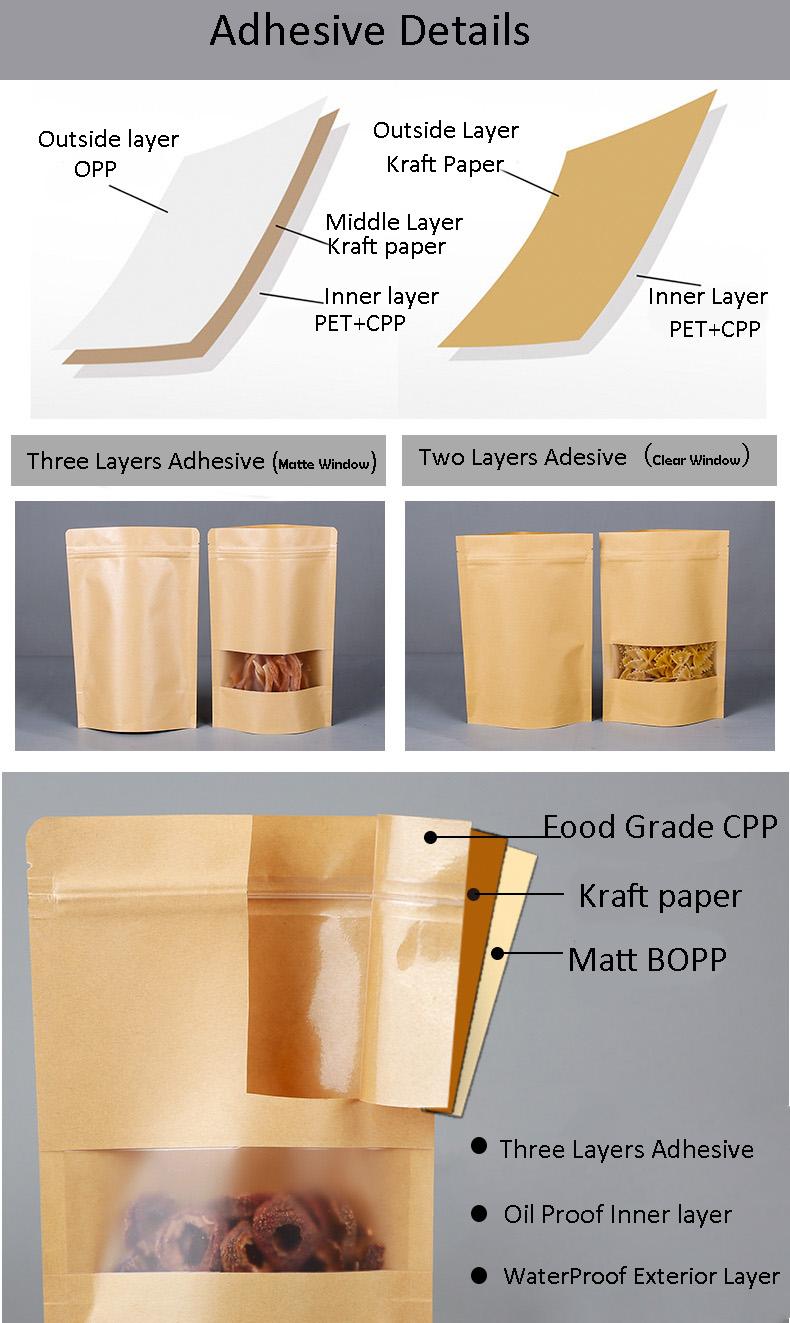 Water Proof Food Grade Recycle Nut Packaging bags White/Brown Kraft Paper Ziplock Bags With Window for Nuts Snacks