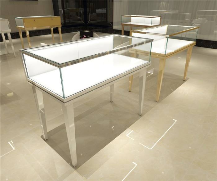 Hot selling stainless steel jewelry display counter and floor display cabinet with LED lights