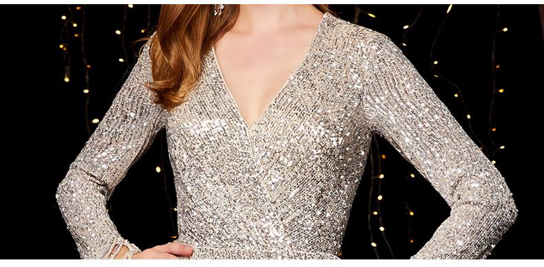 In Stock Party Club Sexy V Neck Maxi Dress Evening Long Sleeve Sequin Dress Women For Party