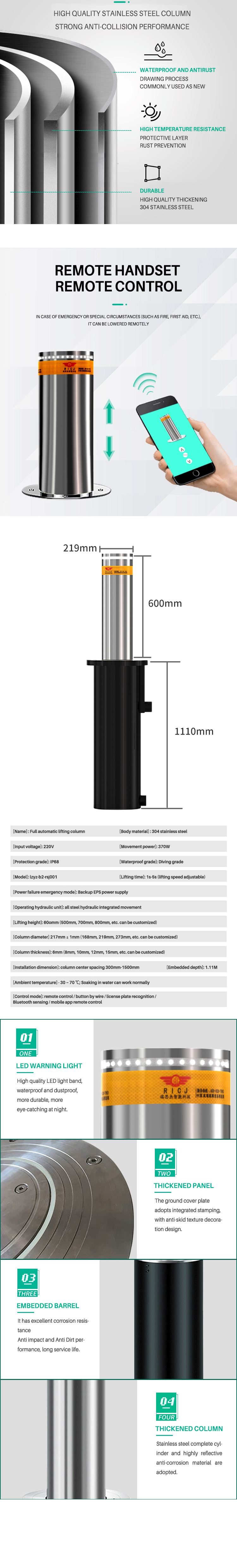 RICJ Semi-automatic Rising Bollard Toolstation LED Light Stainless Steel Safety Pneumatic Hydraulic Traffic Bollards