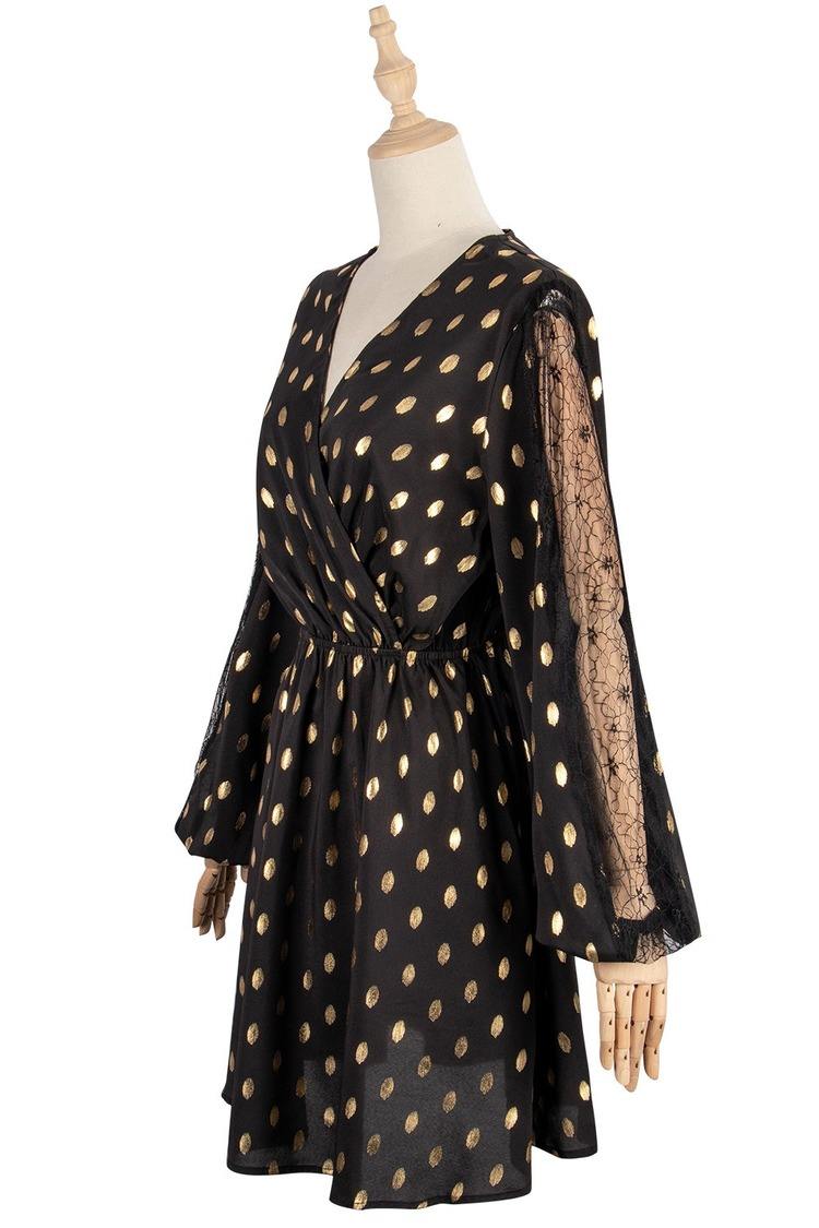 Womens Fashion Mini Dress Long Sleeve V-Neck Polka Dot Dress