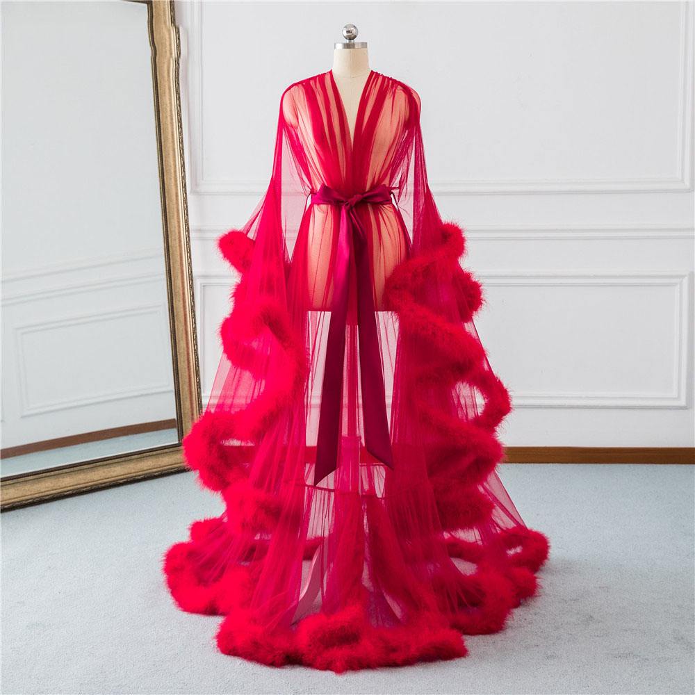 Bridal Boudoir Robe Red Feather Trim Bridal Sheer Robe Tulle Illusion Long Birthday Feather Robe Party Dress