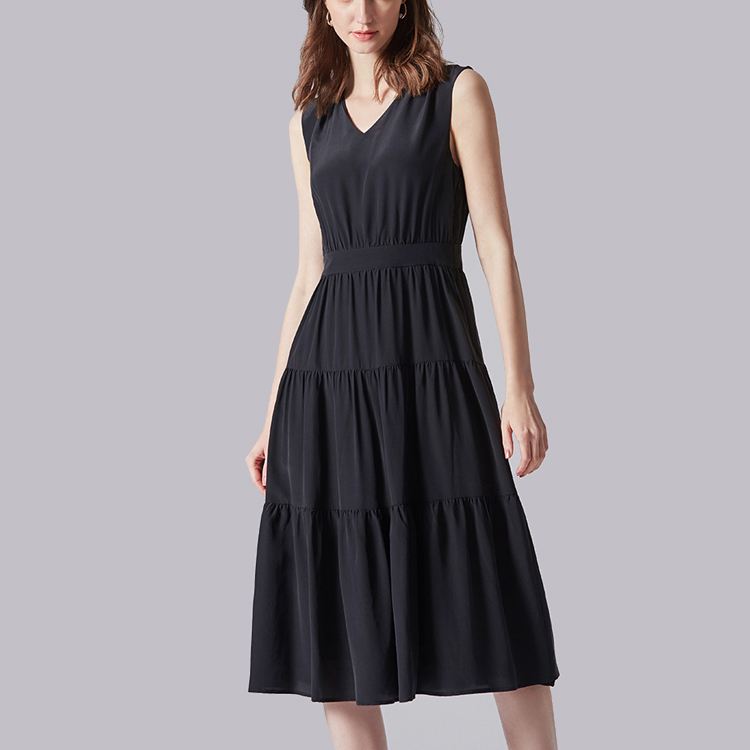 Wholesale Simply V Neck Sleeveless Fashion Solid Black Silk Midi Dress