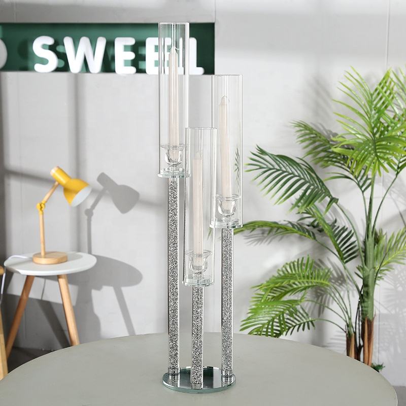 Factory supply wedding or party home table decoration long-stemmed diamond crushed bling Glass Candlestick Holder Candlestick