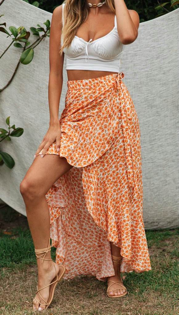 New 2021 Women's Sexy Floral High Waist Boho Ruffled Long Skirt Split Boho Beach Wrap Skirts Fashion Sexy Skirts Summer