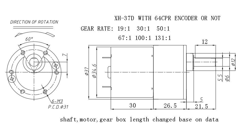 Gearbox Motor reduction 37mm  12v dc gear motor