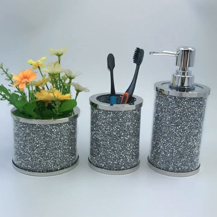 Wholesale Bathroom Accessories Set Crushed Diamond Toothbrush Cup and Vase and Pump Crystal Glass Soap Dispenser Bottle Sets