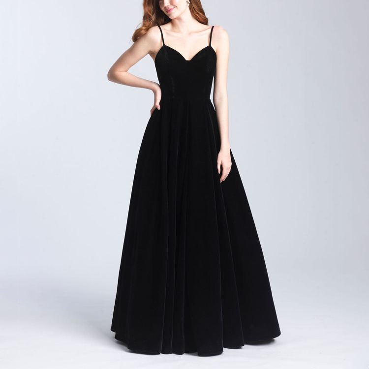 Custom Summer Sexy A-Line Slip Black Velvet Prom Maxi Dress