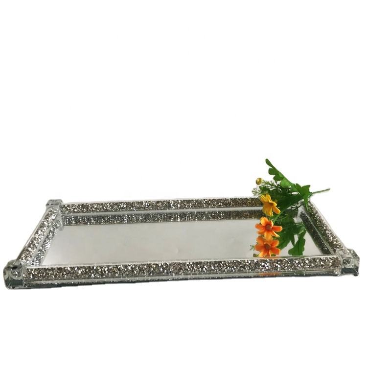 Wholesale event supply square silver crystal glass mirror coffee carry tray  with diamond rim decoration