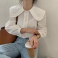 Women's Sweet Ruffle Peter Pan Collar Long Sleeves Button Up Shirt Korean Style Lovely Daily Streetwear Womens Casual Blouses