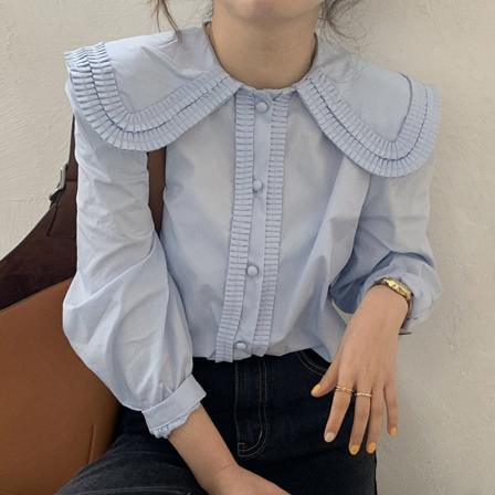 Women's Sweet Ruffle Peter Pan Collar Long Sleeves Button Up Shirt Korean Style Lovely Daily Streetwear Womens Casual Blouses