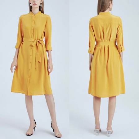 2021 Women High Quality Half Sleeve Yellow Silk Office Shirt Dress