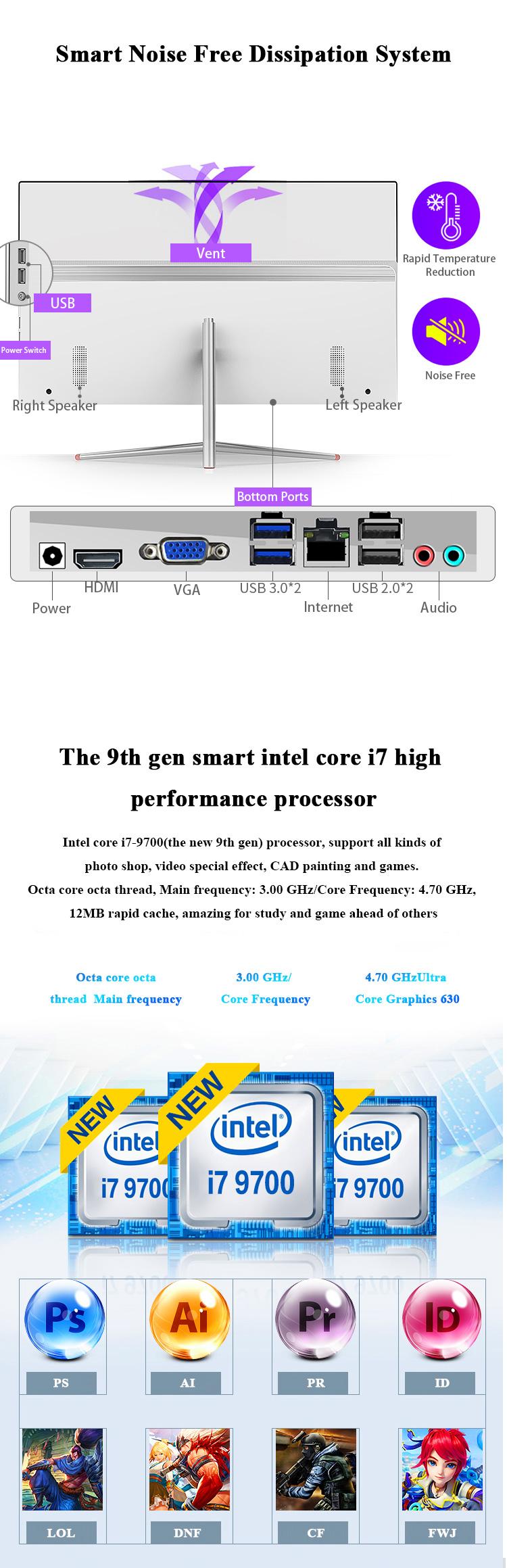 Computer Desktop monoblock High Speeding Gamer 23.6 inch i7 i5 with cpu ram ssd diy All In one Pc computer