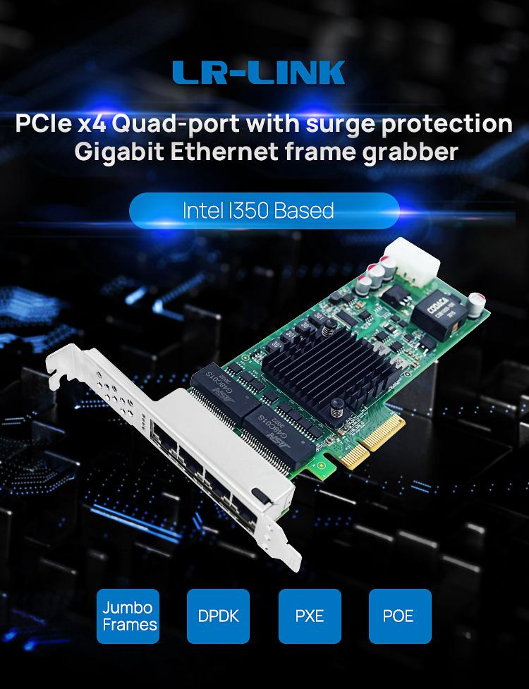 LR-LINK LRES2011PT-PoE PCIe x4 Quad Port  10/100/1000Mbps 802.3at PoE+ GigE Vision Frame Grabber Card With Surge Protection