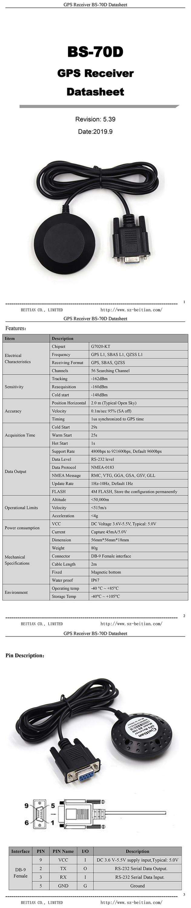 BEITIAN 5.0V NMEA-0183 DB9 female connector RS-232 GPS receiver BS-70D