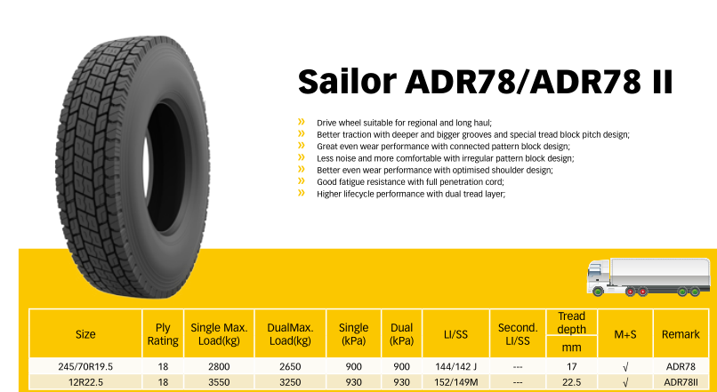 AEOLUS 12r22.5-18pr Sailor ADR78 Drive wheel truck tyres suitable for regional and long haul