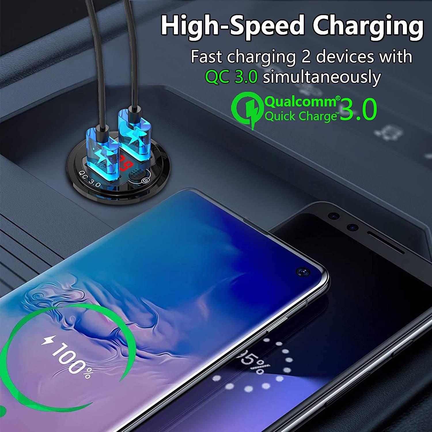 Aluminum 12V 24V USB Outlet LED Voltmeter ON Off Switch Quick Charge 3.0 Dual USB Socket Car Charger