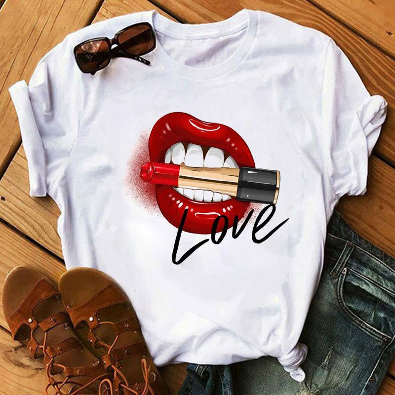 2021 Graphy Tee Shirts Female T-shirt Harajuku Tshirt Lip Lipstick Tops Tee Women's Graphy T Shirt