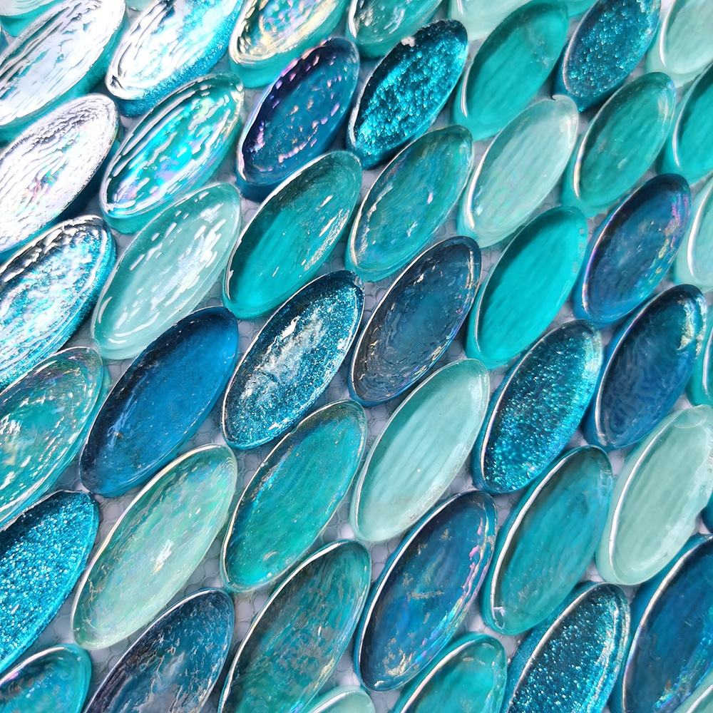 Iridescent Pool Brick Tile Round Blue Glass Mosaic