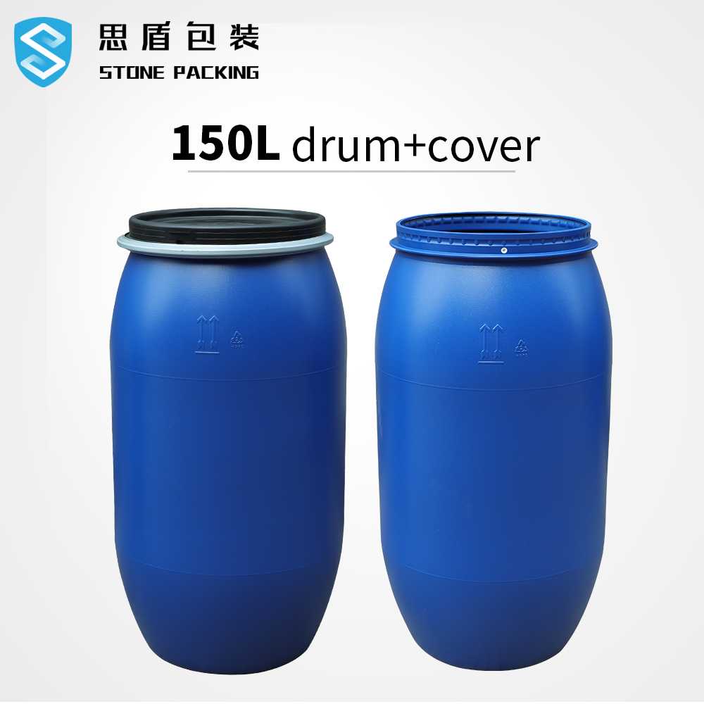 150L blue HDPE plastic drum with iron hoop for chemical