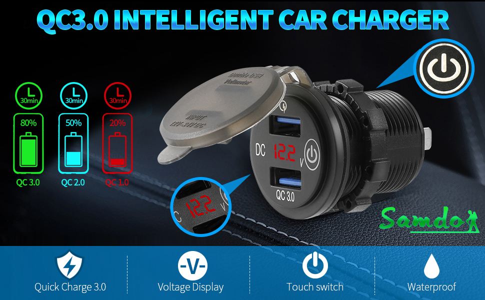 Dual USB Car Charger Power Socket Waterproof Marine Cigarette Lighter Adapter Quick Charge 3.0 USB Outlet 12V/24V with Switch