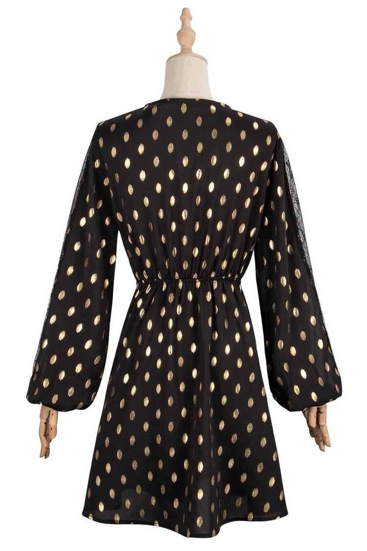 Womens Fashion Mini Dress Long Sleeve V-Neck Polka Dot Dress