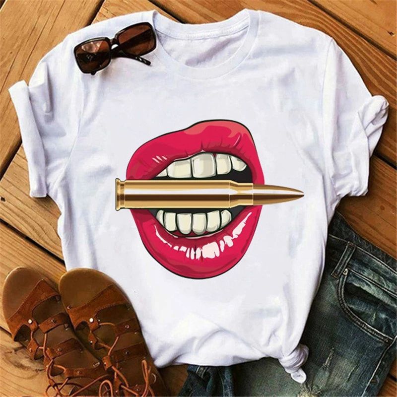 2021 Graphy Tee Shirts Female T-shirt Harajuku Tshirt Lip Lipstick Tops Tee Women's Graphy T Shirt