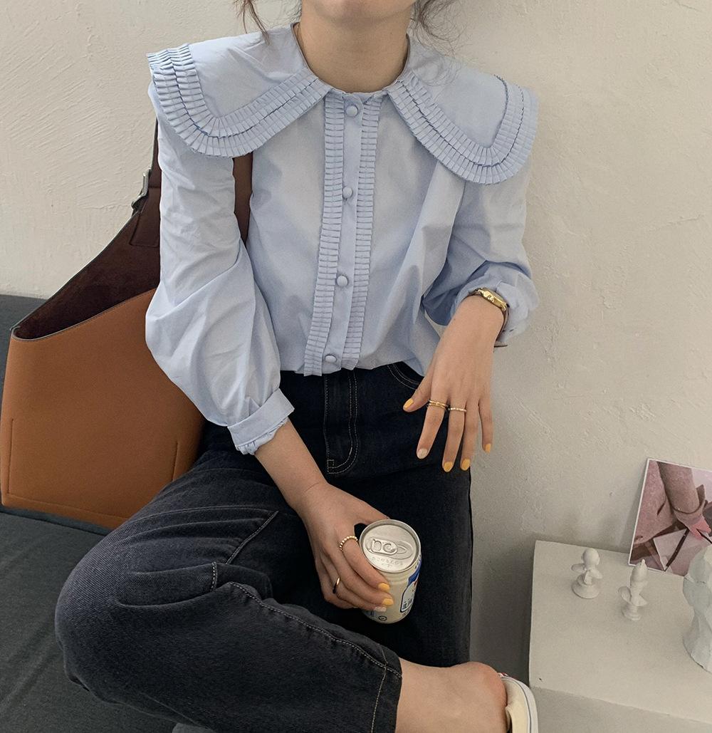 Women's Sweet Ruffle Peter Pan Collar Long Sleeves Button Up Shirt Korean Style Lovely Daily Streetwear Womens Casual Blouses