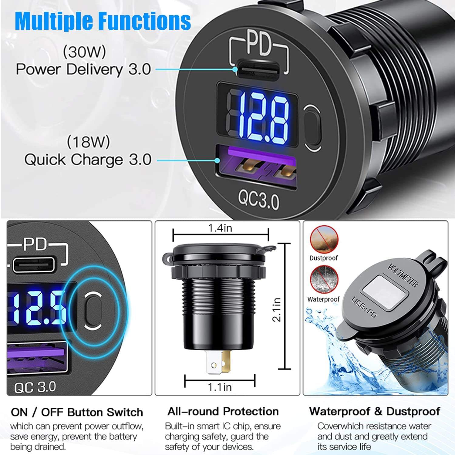 36W Fast PD USB-C Car Charger with USB Quick Charge 3.0 and Type C Charger Socket with LED Digital Voltmeter Car Charging