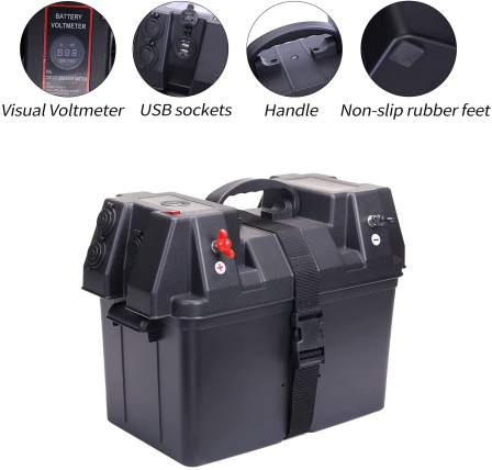 12V Waterproof Trolling Motor Battery Marine Boat Smart Battery Box Power Center with 60A Fuse
