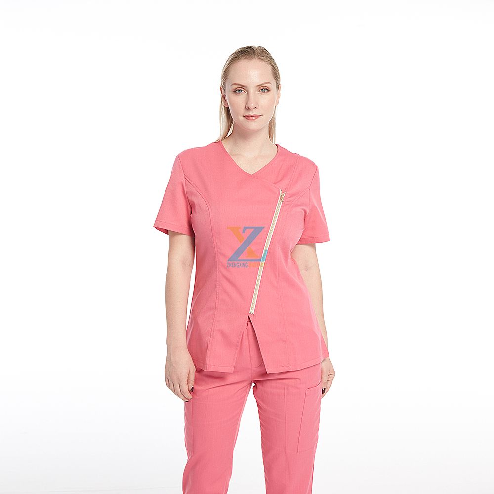 Hidden zip scrub top and pant design short sleeve oem custom with logo nursing scrubs suit set fashion medical hospital uniform
