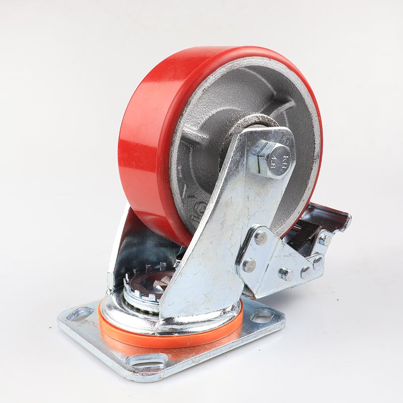 OEM 5-inch heavy-duty cast iron polyurethane caster wheel with brake, diameter 125mm silent wear-resistant pu rotating casters