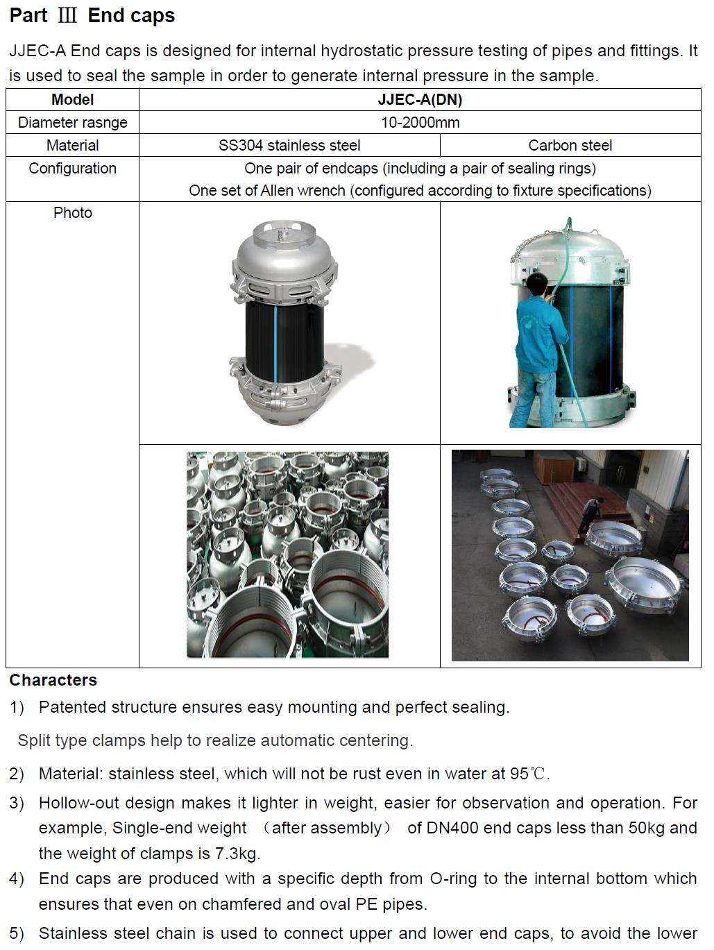 endcaps and fixture for hydrostatic pressure  test