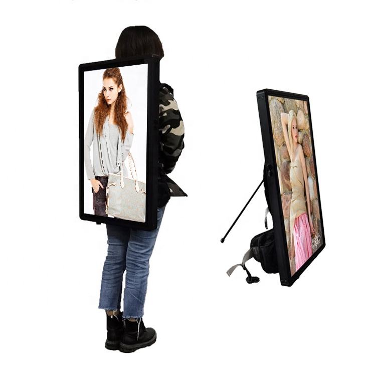 Portable movable 32 inch rechargeable walking backpack AD LCD advertising player billboard display signage