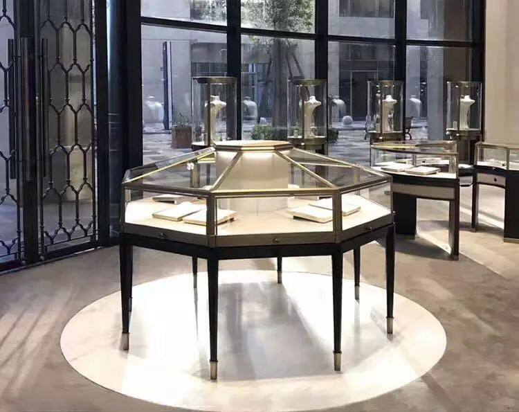 Hot selling stainless steel jewelry display counter and floor display cabinet with LED lights