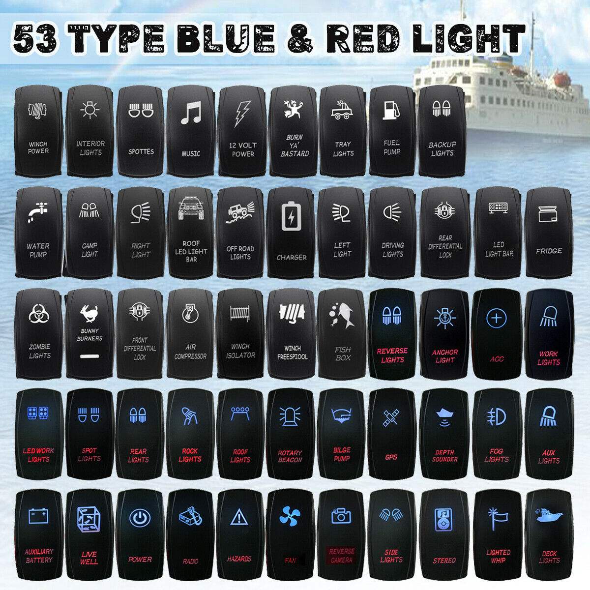 12V 24V BLUE & RED Dual LED Rocker Switch Illuminated Sign Rcmloader Cover ON OFF 5 Pin Car Boat Marine SUV ATV Auto Switches