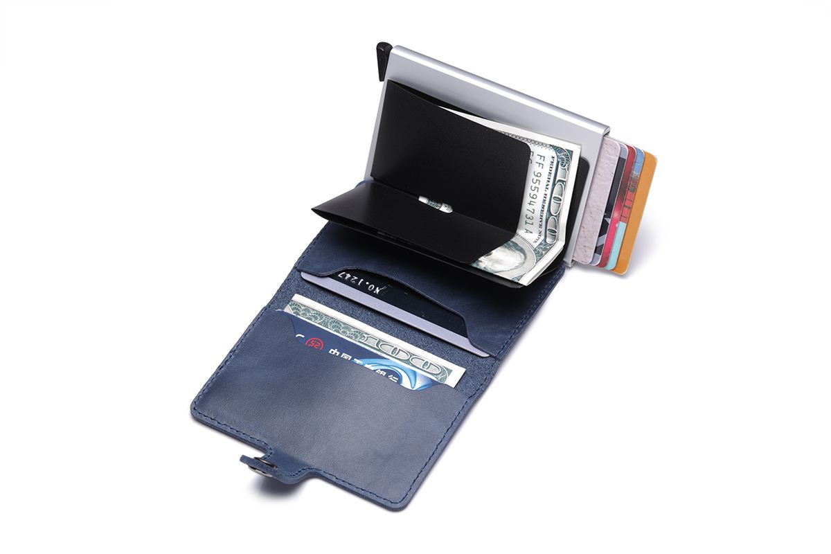 2020 Trendy Colorful Luxury Genuine Leather Automatic Pop-up Stainless Steel Card Holder Wallet