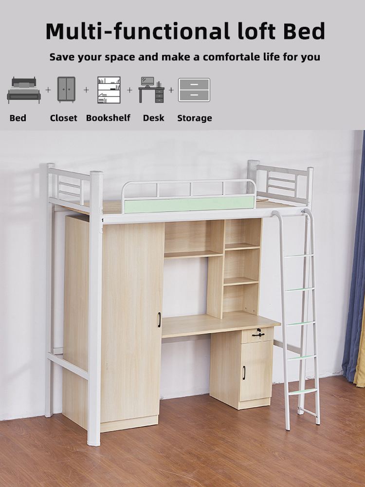 School Dormitory Furniture  Adults Metal Loft Bed with Storage