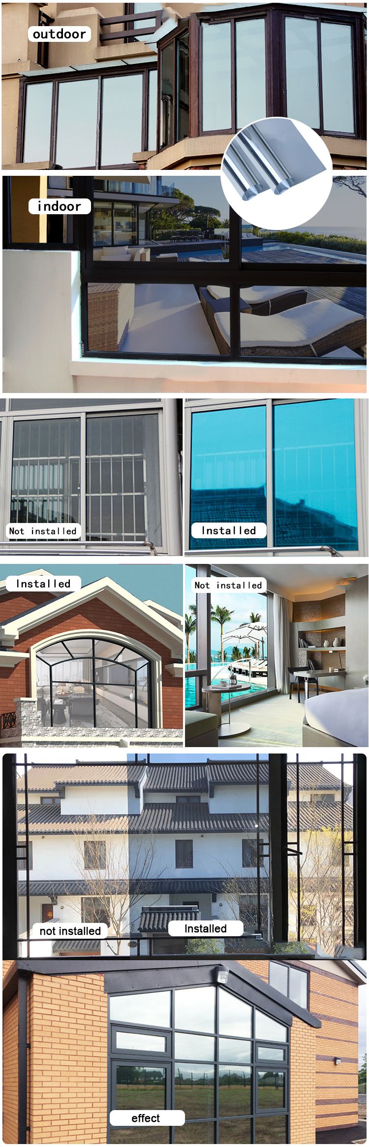PET HIgh reflection mirror chrome one way vision IR rejection self adhesive building window glass tinted film for architectural